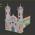 Historic Building With Twin Towers Yellow Domes Blue Walls Red Roof And Green Door