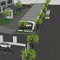 Outdoor Covered Parking Area With Trees Grass Street Lamp And Surrounding Building