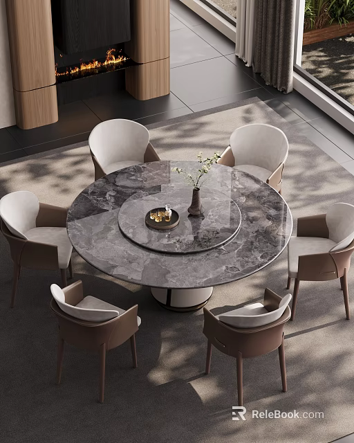 Elegant Modern Restaurant Interior With Round Marble Dining Table Six Chairs And Flower Vase 3d model 