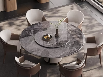 Elegant Modern Restaurant Interior With Round Marble Dining Table Six Chairs And Flower Vase 3d model