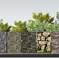 Diverse Stone Textured Building Exterior Wall With Lush Green Plants And Clear Blue Sky