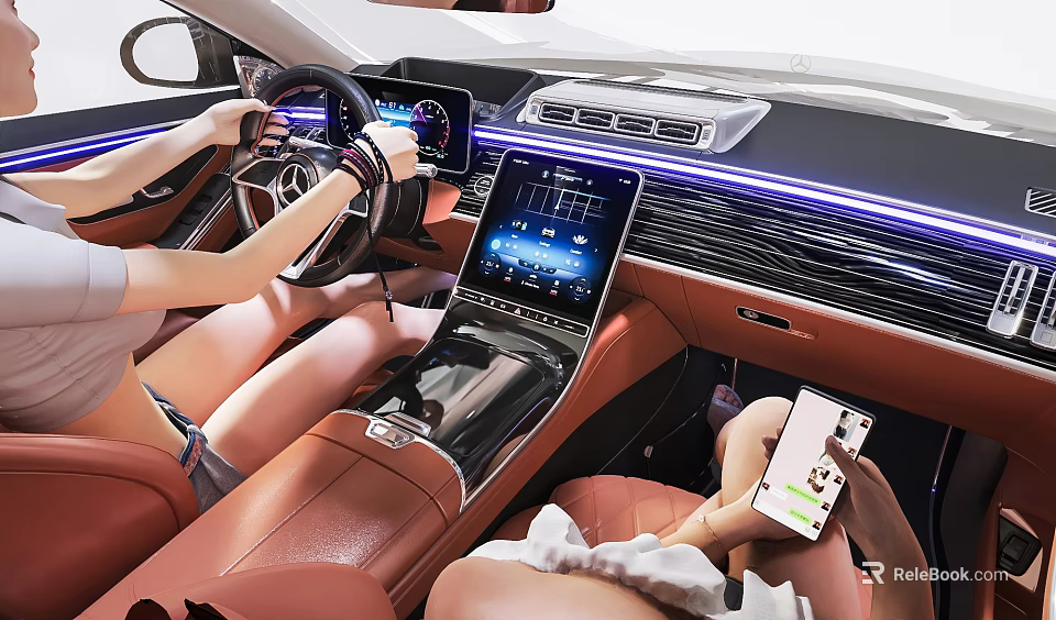 Modern Car Interior With Steering Wheel Large Display Screen Brown Leather Seats And Smartphone Integration 3d model 