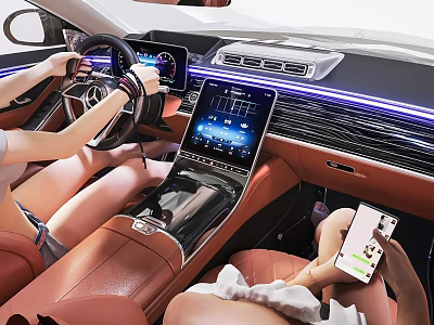 Modern Car Interior With Steering Wheel Large Display Screen Brown Leather Seats And Smartphone Integration 3d model
