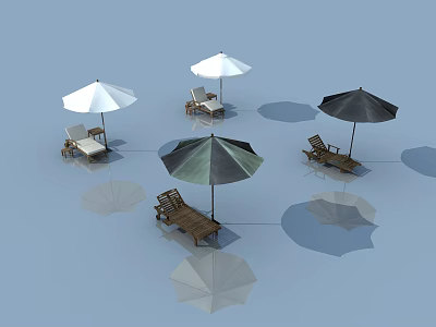 Multiple Outdoor Lounge Chairs With White And Black Umbrellas And Reflections 3d model