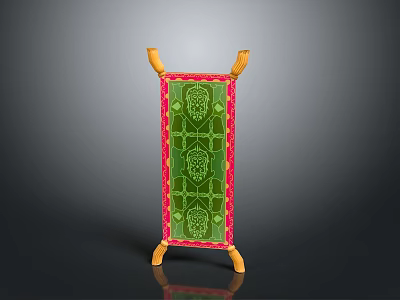 Ornate Decorative Screen With Green Patterned Panel Red Border And Wooden Legs 3d model