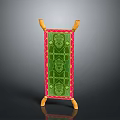 Ornate Decorative Screen With Green Patterned Panel Red Border And Wooden Legs