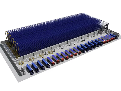 Industrial Factory Interior With Blue Metal Frames And Arranged Equipment Components 3d model
