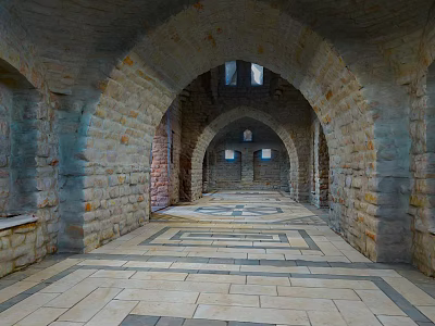 Ancient Arched Stone Corridor With Patterned Floor Tiles And Natural Light 3d model