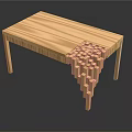 Light Colored Wooden Table With Unique Block Like Corner Design And Reflective Surface