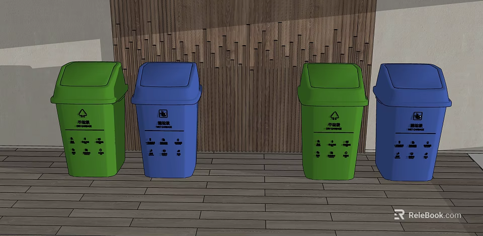 Public Facilities Green And Blue Trash Bins Arranged By Wooden Wall And Floor 3d model 