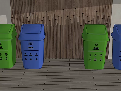Public Facilities Green And Blue Trash Bins Arranged By Wooden Wall And Floor 3d model