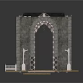Ancient Stone Building with Arched Doorway and Damaged Roof on Wooden Base with Decorative Pedestals