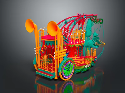 Colorful Parade Float With Orange Horns Red Green Structures And Playful Animal Creatures 3d model