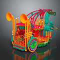 Colorful Parade Float With Orange Horns Red Green Structures And Playful Animal Creatures
