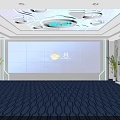 Modern Technology Exhibition Hall With Large Blue Display Screen And Ceiling Lighting 3d model