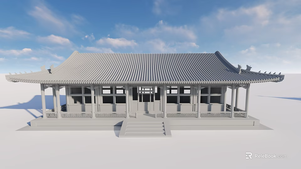 Traditional Chinese Ancient Architecture With Gray Tiled Roof Wooden Columns And Carved Details 3d model 