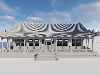 Traditional Chinese Ancient Architecture With Gray Tiled Roof Wooden Columns And Carved Details 3d model