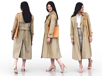 Stylish Woman Wearing Beige Trench Coat With Orange Handbag And High Heels 3d model