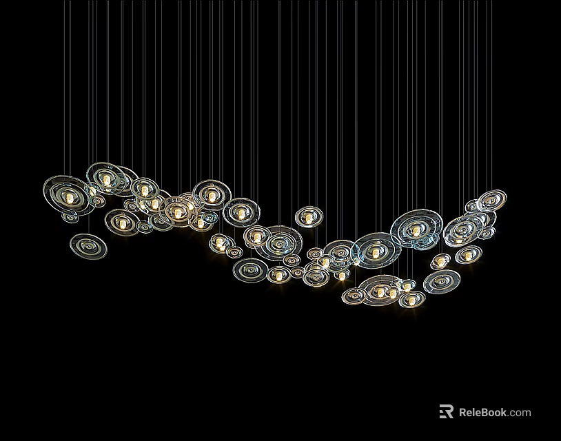 Circular Chandelier With Metal Frames And Illuminated Bulbs Hanging In Arc On Black Background 3d model 