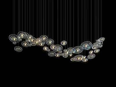 Circular Chandelier With Metal Frames And Illuminated Bulbs Hanging In Arc On Black Background 3d model