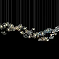 Circular Chandelier With Metal Frames And Illuminated Bulbs Hanging In Arc On Black Background