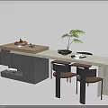 Modern Dining Table Set With Wooden And Marble Top Black Brown Chairs Fruit And Plant