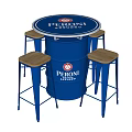 Blue Barrel Shaped Table With PERONI NASTRO AZZURRO Logo And Four Wooden Seat Bar Stools