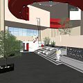 Modern Hotel Lobby Featuring Red Curved Structure With White Lighting Circular Skylight And Green Trees