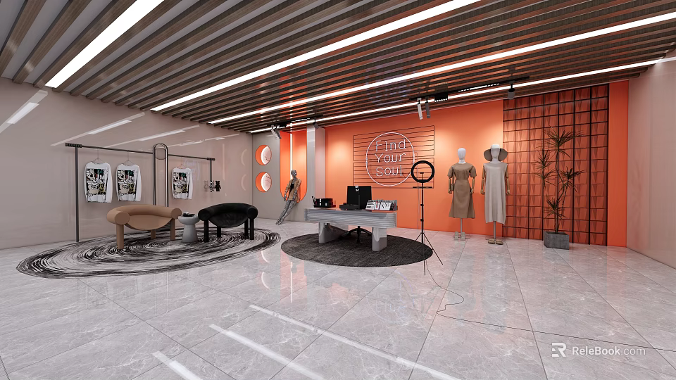 Modern Public Office Space With Open Layout Orange Walls And Strip Lighting 3d model 