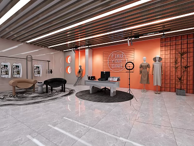 Modern Public Office Space With Open Layout Orange Walls And Strip Lighting 3d model