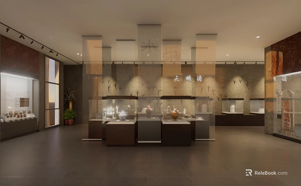 Well Lit Exhibition Hall Interior With Glass Display Cases And Cultural Artifacts 3d model 
