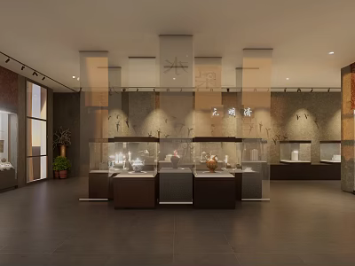 Well Lit Exhibition Hall Interior With Glass Display Cases And Cultural Artifacts 3d model