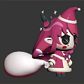 Cute Cartoon Girl With Pink Hair Antlers Santa Hat And White Gift Bag