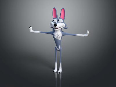 Cartoon Wolf Character With Big Pink Ears Blue White Body Open Arms Cheerful Expression 3d model