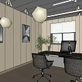 Modern Office Interior With Wooden Wall Hanging Light Paintings Window Blinds Computer Chairs Potted Plant
