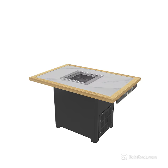 Hotpot Restaurant Dining Table With Marble Top Built In Stove And Black Cabinet Base 3d model 