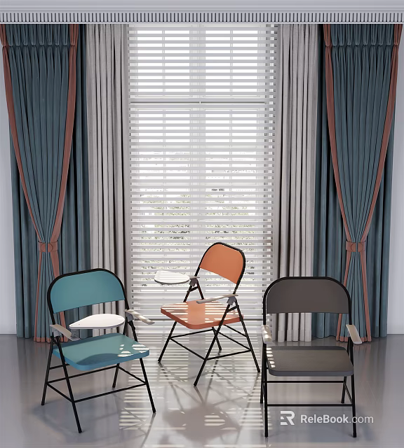 Blue Orange Gray Leisure Chairs With Small Table By Window With Blinds And Blue Curtains 3d model 