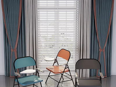 Blue Orange Gray Leisure Chairs With Small Table By Window With Blinds And Blue Curtains 3d model