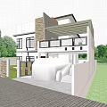 Modern Detached Villa Exterior with Black Car in Driveway Green Lawn and Trees