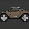 Brown Futuristic Off Road Vehicle With Large Tires And Roof Mounted Structure Design