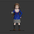 Anime Style Game Character With Brown Hair Yellow Eyes Blue Jacket And Gray Skirt