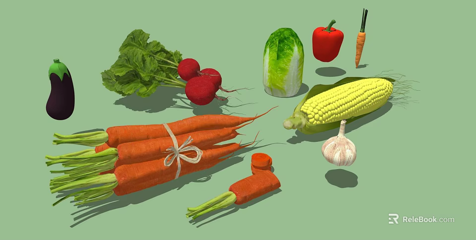 Assorted Fresh Vegetables Including Carrots Radishes Cabbage Red Bell Pepper Corn And Garlic 3d model 
