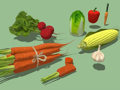 Assorted Fresh Vegetables Including Carrots Radishes Cabbage Red Bell Pepper Corn And Garlic 3d model