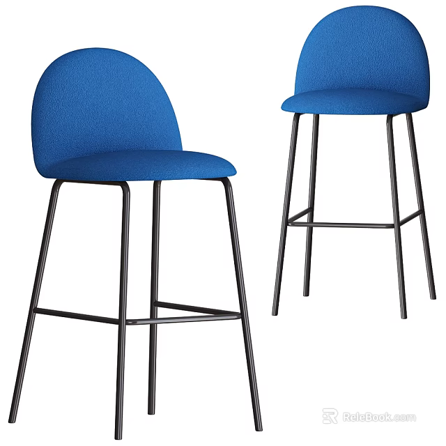 Modern Blue Upholstered Bar Stools With Curved Backrest And Metal Legs 3d model 