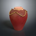 Carved Red Pottery Jar Sculpture With Rope Decoration And Light Colored Lid