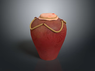Carved Red Pottery Jar Sculpture With Rope Decoration And Light Colored Lid 3d model