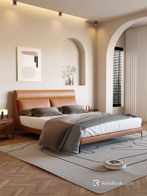 Modern Bedroom Interior With Leather Headboard Gray Pillows And Arched Design 3d model 