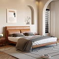 Modern Bedroom Interior With Leather Headboard Gray Pillows And Arched Design