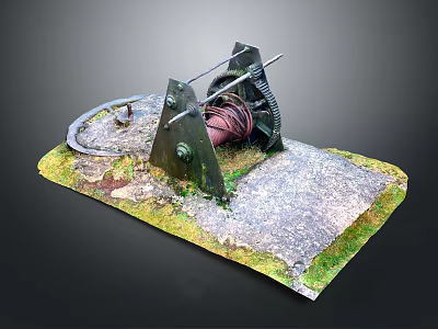 Vintage Mechanical Winch Model With Grass Covered Stone Base And Metal Parts 3d model