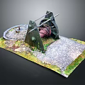 Vintage Mechanical Winch Model With Grass Covered Stone Base And Metal Parts